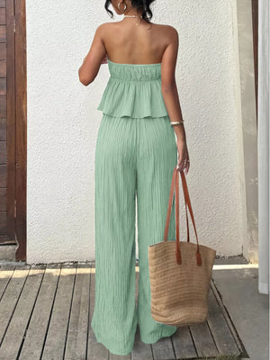 Gum Leaf tube top with ruffled hem and wide-leg pants set.