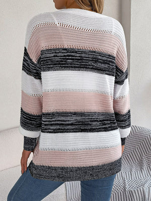 Open-front knit cardigan with horizontal stripes in blush pink, white, black, and grey acrylic.