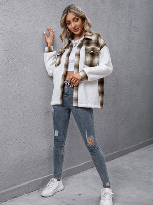 Plaid shearling hybrid shacket with collared neck and button closure.