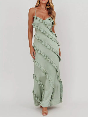 Sage ruffled spaghetti strap maxi dress with diagonal ruffle detailing.