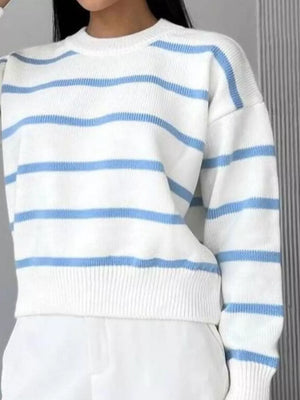 Classic striped knit sweater with round neck in white and light blue.