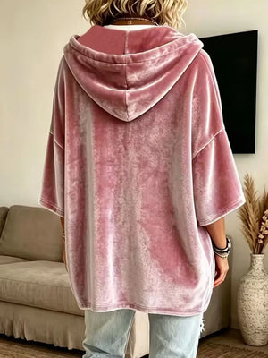 Velvet Loose Fit Hoodie With Drawstring in Khaki, product detail