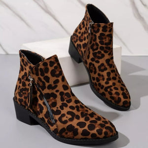 Leopard print suede ankle boots with side zipper and block heel