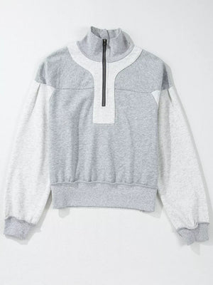 Half Zipper Collared Drop Shoulder Sweatshirt in Light Gray, side view