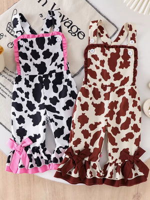 Children's Cow Print Ruffle Jumpsuit in Brown And White, front view