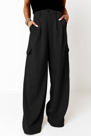 Black wide-leg pleated cargo pants with side pockets and a relaxed fit.