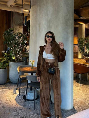Plush velour lounge set in Chestnut, featuring wide leg pants and a zip-up hoodie.