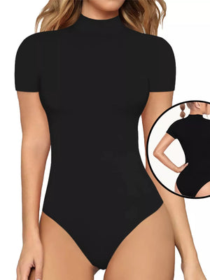 Black mock neck short sleeve form-fitting bodysuit with a high-cut leg.
