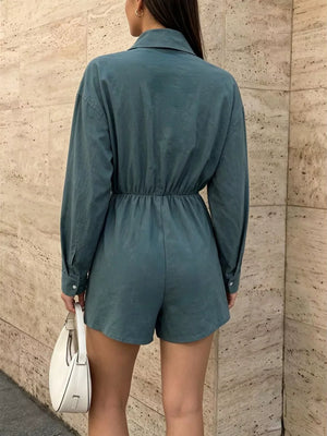 Button Front Long Sleeve Romper in Green, back view