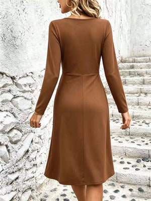 Surplice Long Sleeve Midi Dress in Black, fit detail