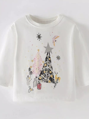 White long sleeve t-shirt with festive Christmas tree graphic, snowman, and gifts.