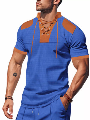 Men's blue short sleeve tee with lace-up neckline and brown accents.