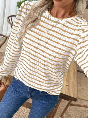 Textured knit long-sleeve t-shirt in white with tan stripes, crew neck, casual style.
