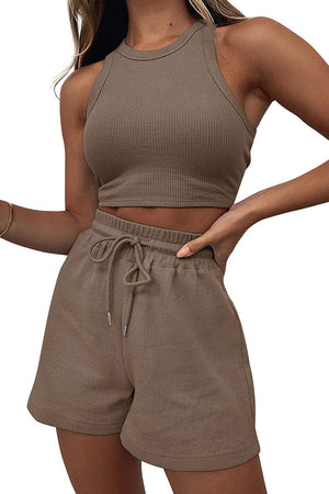 Ribbed knit crop top and drawstring shorts set in tan.