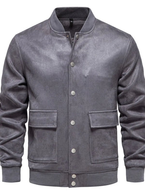 Dark Gray suede-effect bomber jacket with snap closure and two chest pockets.