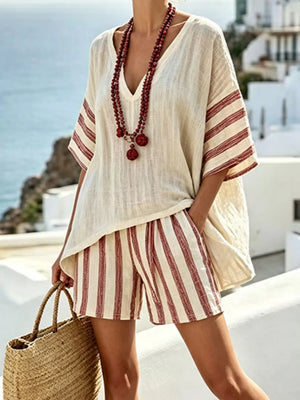 Full Size Striped 3/4 Sleeve Top And Shorts Set in Beige, front view