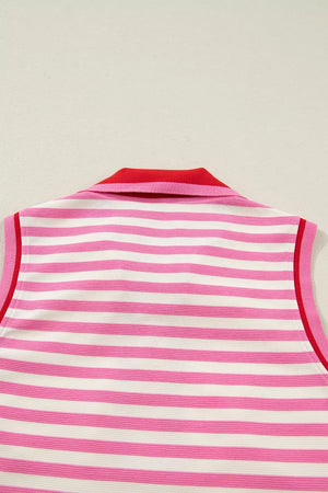 Pink and white striped polo top with red collar and trim