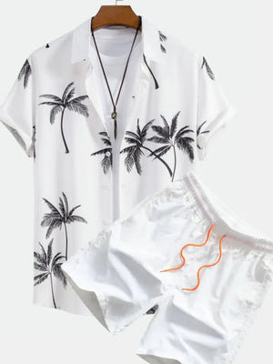 Men's white tropical print button-down shirt and shorts set with palm trees