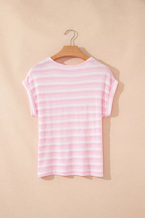 Striped Print Waffle Knit T Shirt in Blush Pink, alternate angle