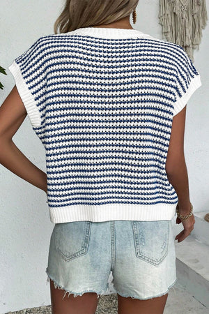 Sleeveless knit tank top with navy and white stripes, crew neck, acrylic knit.
