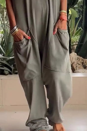 Casual V-neck Short Sleeve Jumpsuit With Pockets in Orange, editorial view