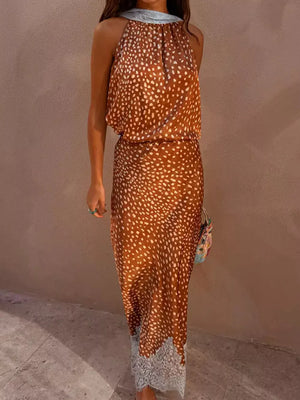 Brown polka dot halter top and lace trim skirt set.