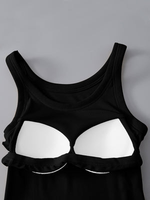 Black ribbed knit tank top with built-in bra cups and scoop neckline.