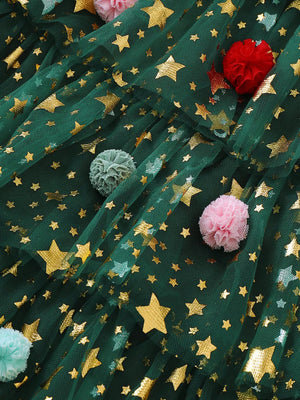 Green tulle baby dress with gold stars and colorful pom-poms