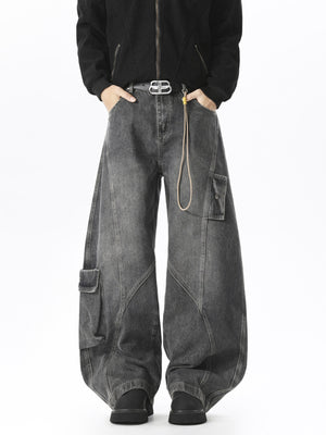 Men's grey wide leg cargo jeans in 100% cotton with multiple pockets and a relaxed fit.