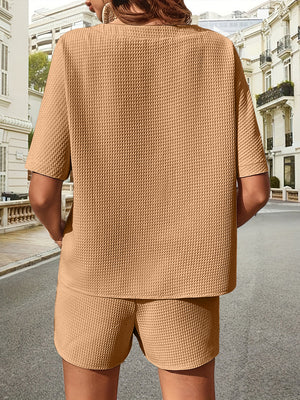 Caramel waffle knit drawstring co-ord set with short sleeves and shorts.