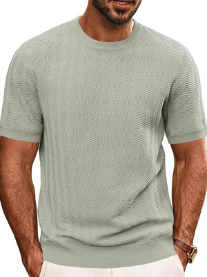 Chevron knit crew neck tee in Sage with short sleeves and textured pattern.