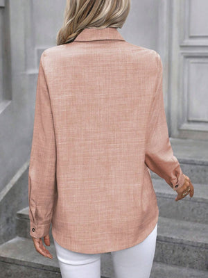 Apricot linen-blend button-down shirt with long sleeves and a collared neckline.