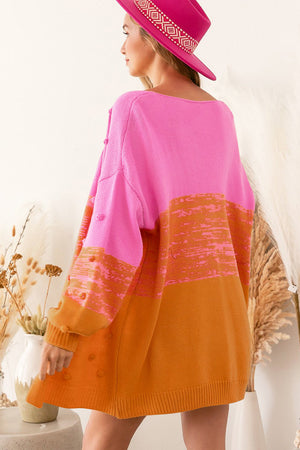 Textured colorblock bobble cardigan in pink and caramel acrylic with a relaxed fit.