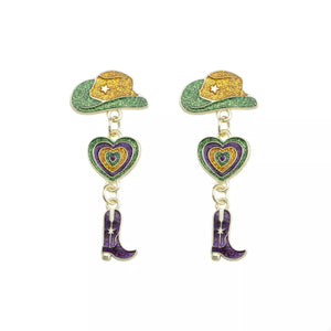Cowboy hat boot dangle earrings with glitter hearts in green, purple, and gold.