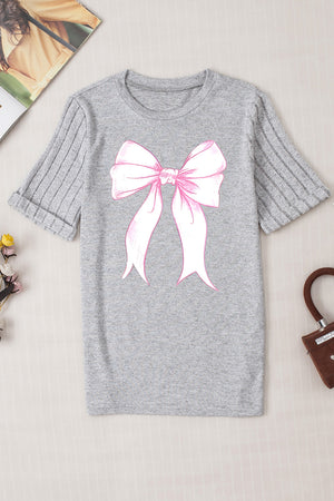 Gray t-shirt with a pink bow graphic and ribbed short sleeves.