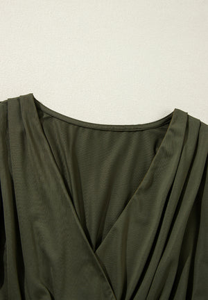 Army green draped bodice wrap bodysuit with V-neckline and pleated details.