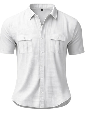 White short sleeve button-down shirt with two chest pockets and a subtle textured pattern.