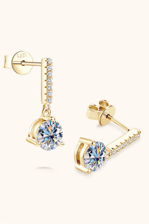 Gold drop earrings with cubic zirconia bar and round solitaire gem