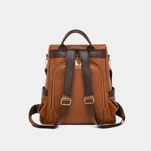 Brown woven faux leather convertible backpack with dual shoulder straps and top handle.