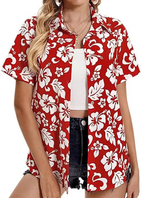 Red tropical hibiscus print button-up shirt with short sleeves.