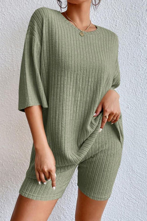 Sage ribbed tee and short set with relaxed fit and crew neck.