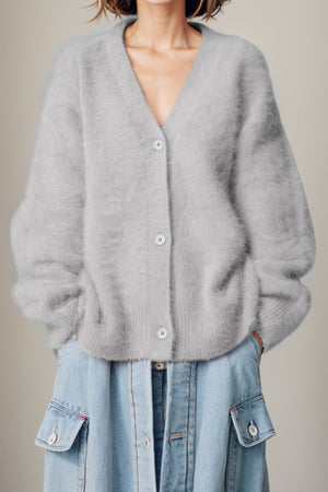 Light Gray fluffy angora V-neck buttoned cardigan with long sleeves.