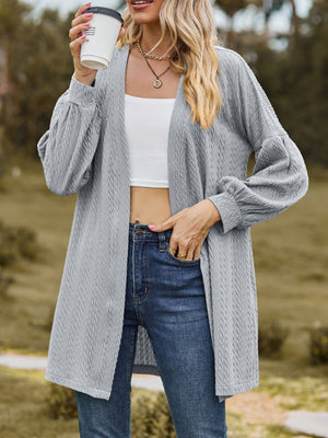 Gray textured open cardigan with balloon sleeves and a relaxed fit.