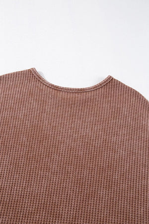 Waffle Knit Fringed High Low Loose Top in Brown, fabric detail