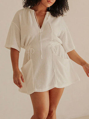Textured white half sleeve cover-up dress with drawstring waist and pockets