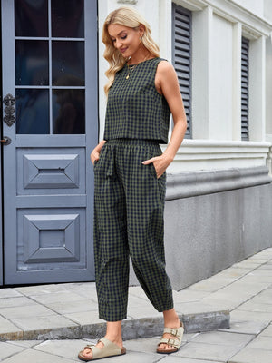 Gingham cropped tank and wide leg pants set in Army Green.