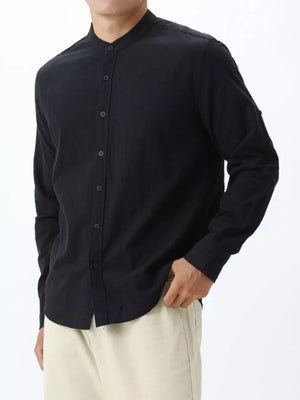 Men's black 100% cotton button-down shirt with mandarin collar and long sleeves.