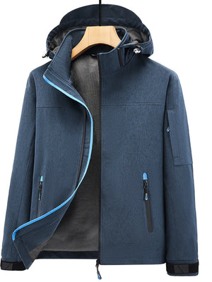 Plus-size hooded zip-up jacket in Postal Blue with zippered pockets and blue trim.
