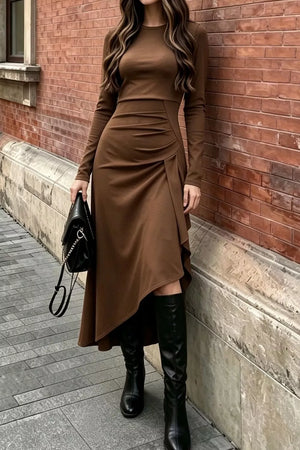 Ruched Asymmetrical Hem Long Sleeve Dress in Brown, front view