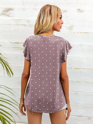 Ruffled sleeve tee in Light Mauve with white polka dots.